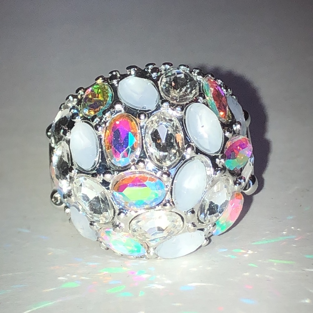 Multi-Color Crystal Cluster Silver Tone Dome Ring